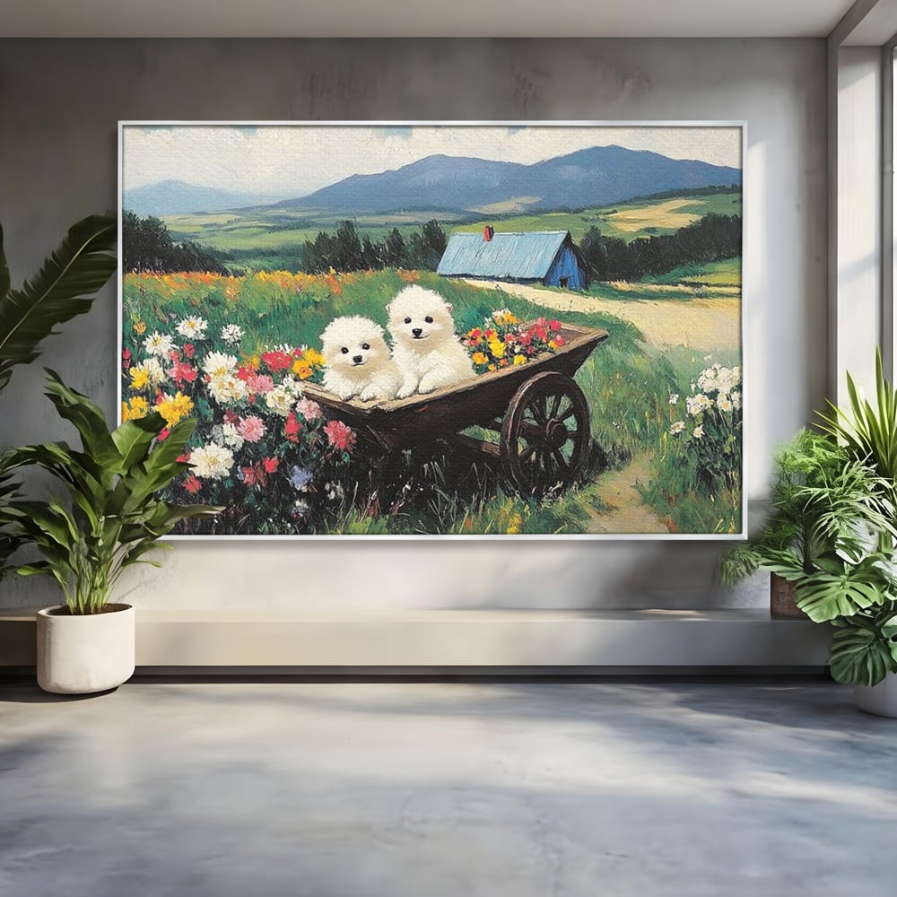 Tablou canvas cu tablou canvas cu catelusi intr-o roaba, in rama de aluminiu argintiu